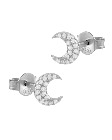 Pendientes elaborados en plata de ley con un diseño en forma de luna adornado con circonitas blancas. Estos pendientes son versá