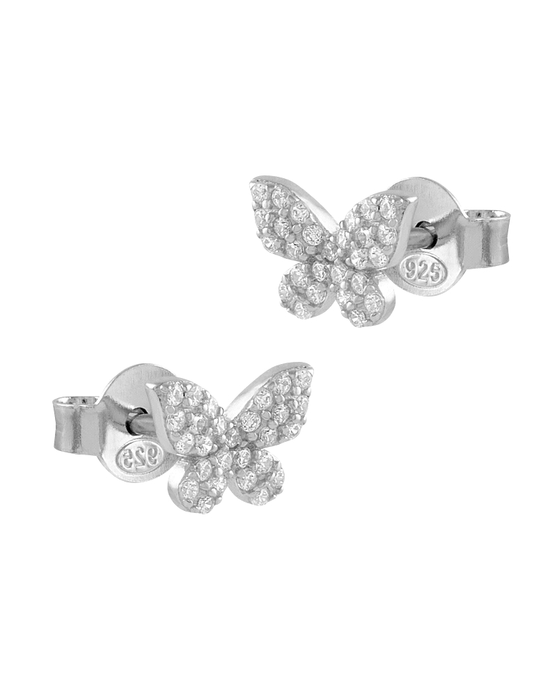 Pendientes elaborados en plata de ley, cuentan con un diseño de mariposa con circonitas blancas que le dan un toque de brillo y 